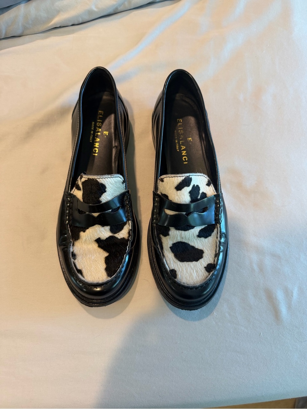 Elisa Lanci Leather Penny Loafers Featuring Black/White Cow Vamp, Made in Italy